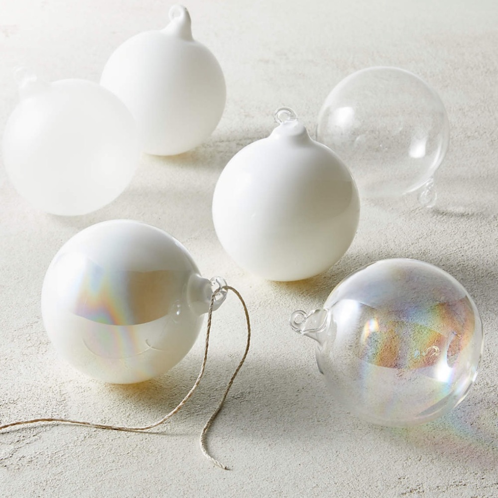 New! CB2 White and Iridescent Glass Holiday Ornaments, Set of 6